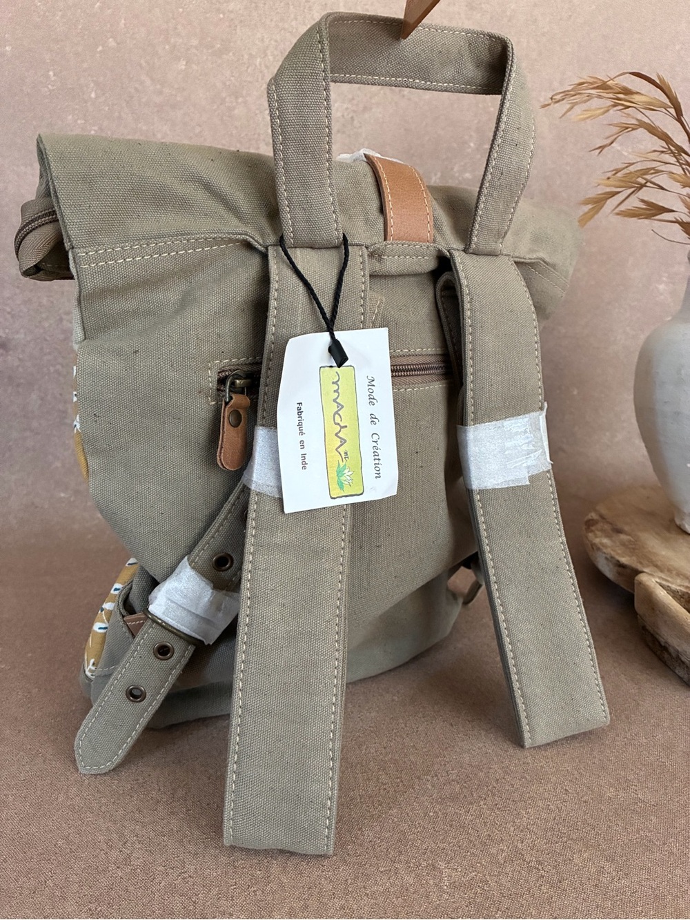 NWT Mustard Colored Leaf Print Canvas Roll-Top Backpack From France 🇫🇷 - Picture 2 of 11